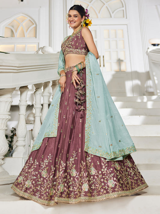 Rose gold colour Chiffon Sequinse embroidery Semi-Stitched Lehenga choli and Dupatta