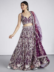 Burgundy Net Sequins and thread embroidery Semi Stitched Lehenga choli and Dupatta