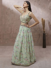 Lime Green Organza Floral Printed Semi-Stitched Lehenga choli & Dupatta