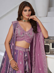 Festive Glam Mauve and Dark Purple Double Dupatta Lehenga with Layered Dupattas