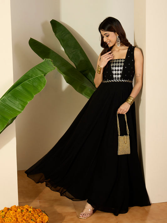 Geometric Yoke Design Sequinned Embroidered Georgette A-Line Ethnic Dress