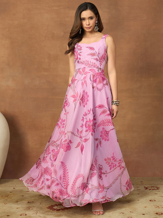 Floral Printed Beds and Stone Work Gown Maxi Dress