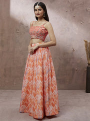 Peach Organza Floral Printed Semi-Stitched Lehenga choli & Dupatta