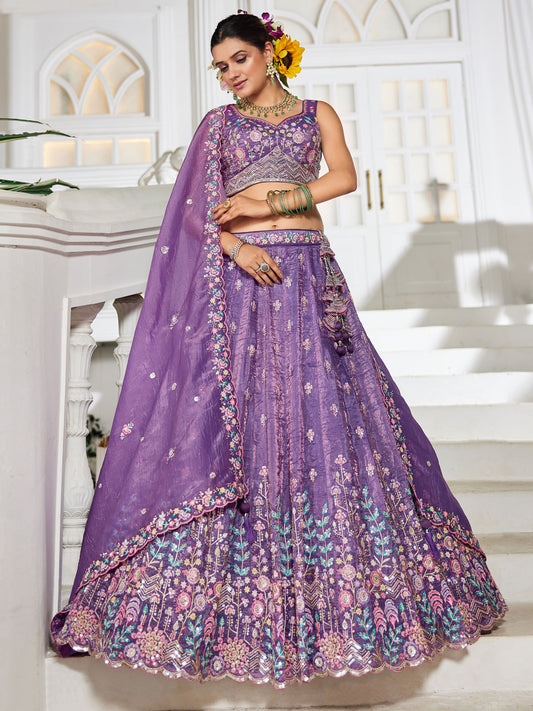 Purple colour Tissue Sequinse embroidery Semi-Stitched Lehenga choli and Dupatta