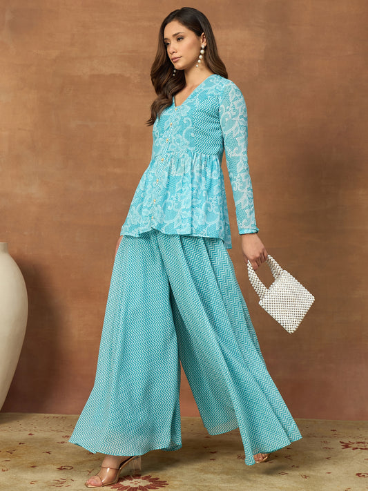 Printed V-Neck Top & Palazzos Co-Ords
