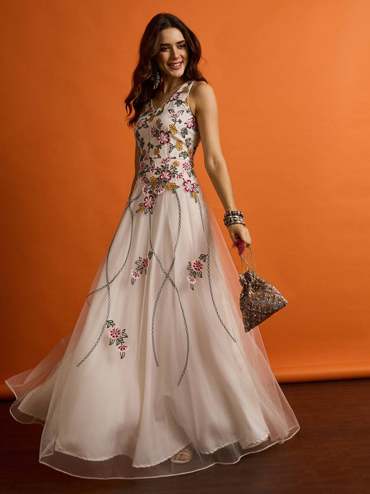 Embroidered V-Neck A-Line Maxi Dress