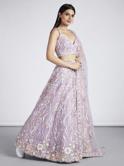 Mauve Net Sequins and thread embroidery Semi Stitched Lehenga choli and Dupatta