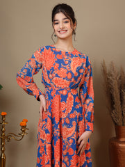 Girl Floral Paisley Printed Pleated Ethnic Dress