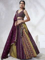 Burgundy Chiffon Position print with Sequins embroidery Semi-Stitched Lehenga choli and Dupatta