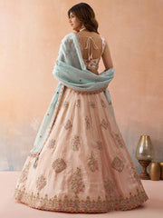 Peach  Tissue Sequinned and Zari Embroidered Semi Stitched Lehenga and Unstitched Blouse With Dupatta