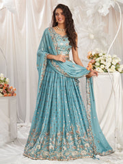 Turquoise blue Georgette Sequin embroidery Semi Stitched Lehenga choli and Dupatta