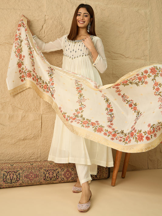 Floral Embroidered Empire Thread Work Kurta with Trousers & With Dupatta