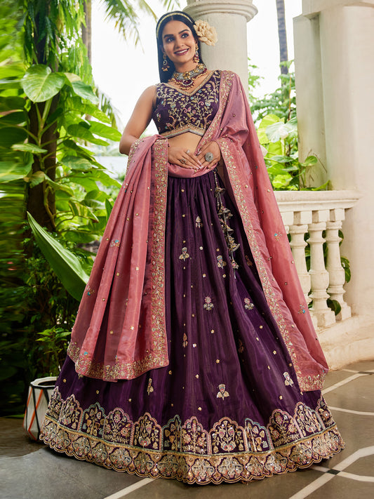 Burgundy colour Satin Sequinse embroidery Semi-Stitched Lehenga choli and Dupatta