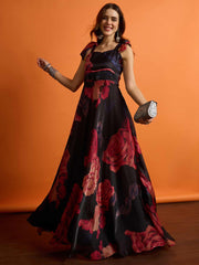 Floral Printed Square Neck Flared Maxi Dresses