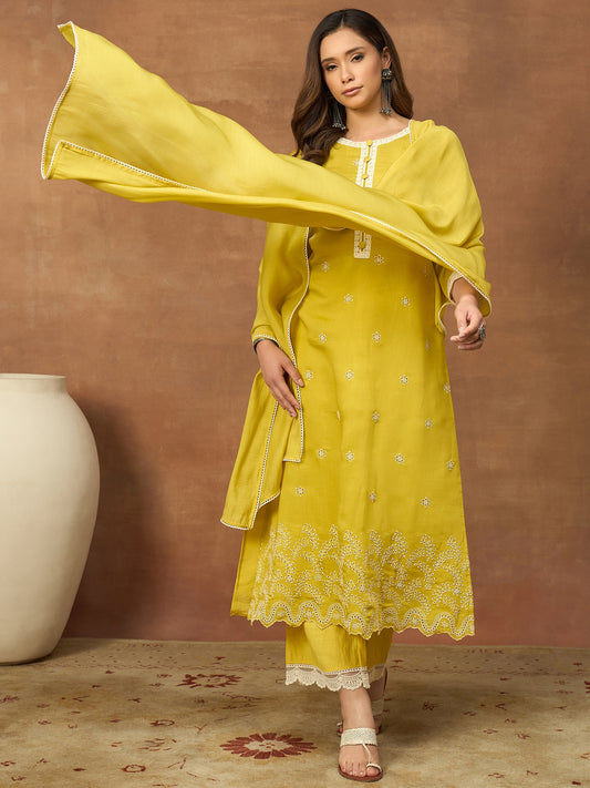 Women Ethnic Motifs Embroidered Regular Thread Work Chanderi Cotton Kurta with Trousers & With Dupatta