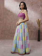 Turquoise Blue Organza Floral Printed Semi-Stitched Lehenga choli & Dupatta