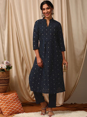 Women Navy Blue Ethnic Woven Design Stright Kurta