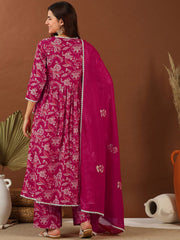 Red V Neck Gotta Patti Floral Printed Angrakha Gotta Patti Kurta with Palazzo & Dupatta