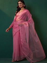 Pink Embroidered Bordered Organza Sarees