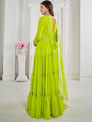 Green Gotta Patti Belted Georgette Fit & Flare Ethnic Dress & Dupatta