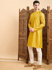 Mustard Striped Embroidered Mandarin Collar Straight Kurta