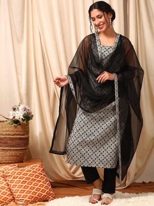 Women Grey Printed Regular Kurta with Trousers & With Dupatta