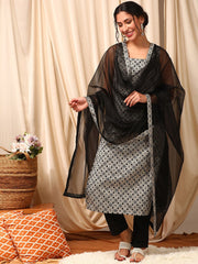 Women Grey Printed Regular Kurta with Trousers & With Dupatta