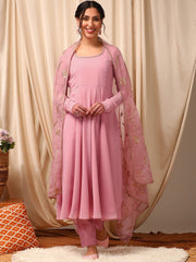 Women Pink Floral Layered Sequinned Kurta with Trousers & With Dupatta
