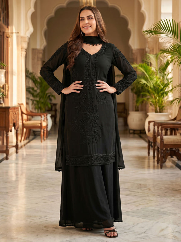 Black Chinon Wedding Wear Sharara Suit
