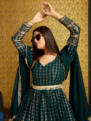 Green Golden Foil Printed Anarkali Gown With Dupatta