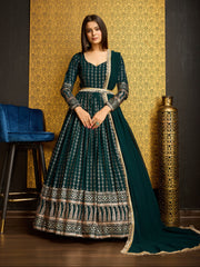 Green Golden Foil Printed Anarkali Gown With Dupatta