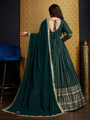 Green Golden Foil Printed Anarkali Gown With Dupatta