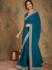 Teal blue Sequinned Detailed Pure Georgette Saree