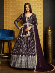 Wine Golden Foil Printed Anarkali Gown With Dupatta