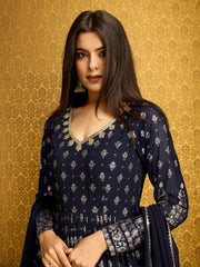 Blue Golden Foil Printed Anarkali Gown With Dupatta