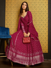 Pink Golden Foil Printed Anarkali Gown With Dupatta