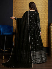 Black Golden Foil Printed Anarkali Gown With Dupatta