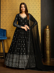 Black Golden Foil Printed Anarkali Gown With Dupatta