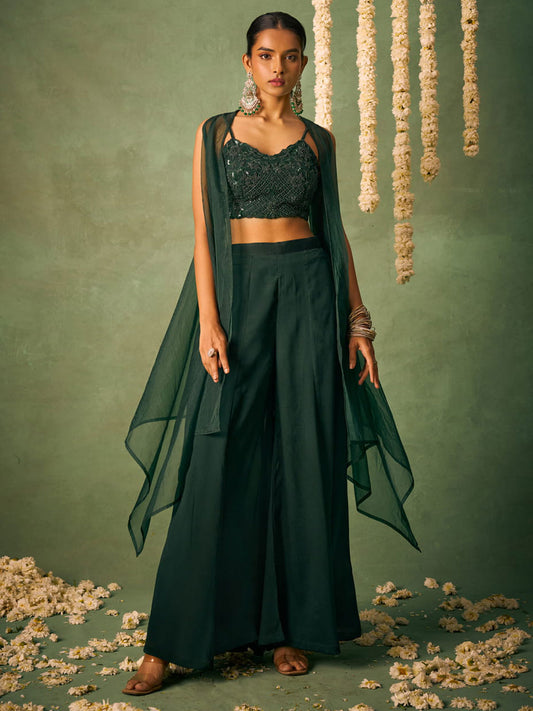 Green Khatli Work Blouse With Sharara and Cape