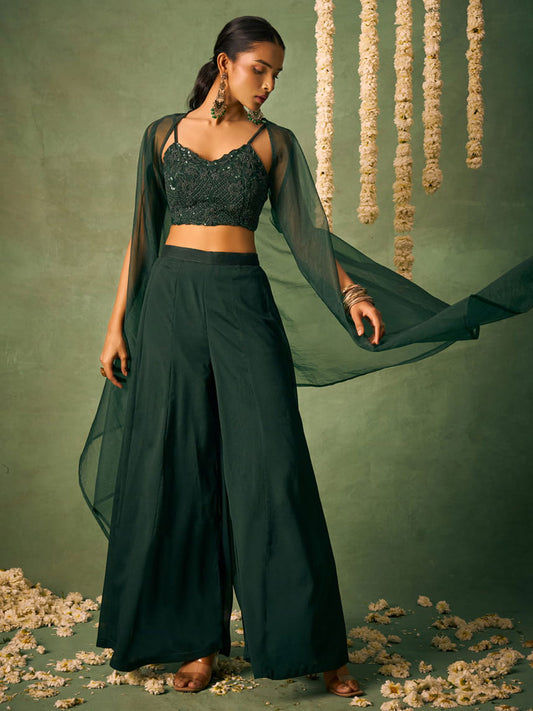Green Khatli Work Blouse With Sharara and Cape
