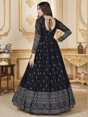 Navy Blue Metallic Foil Work Embellished Anarkali Gown And Dupatta
