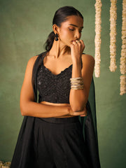 Black Khatli Work Blouse With Sharara and Cape