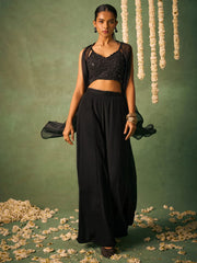 Black Khatli Work Blouse With Sharara and Cape