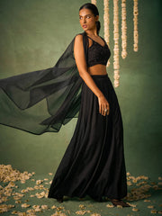 Black Khatli Work Blouse With Sharara and Cape