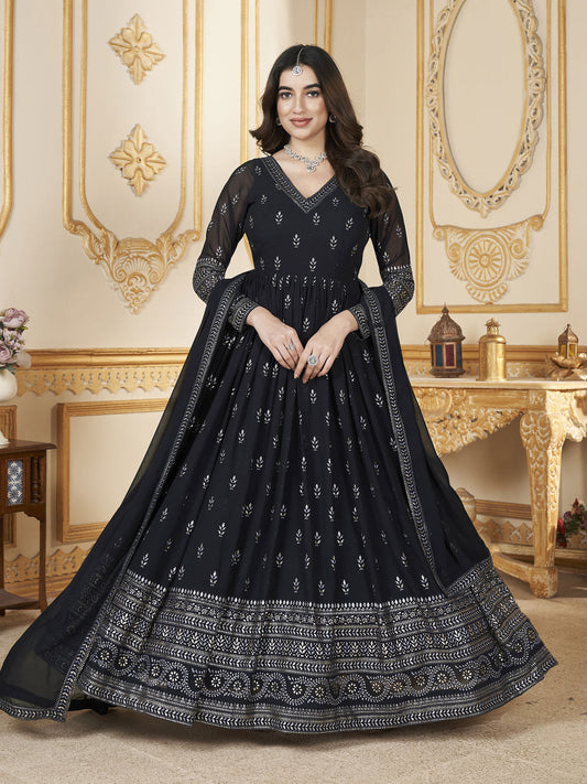 Navy Blue Metallic Foil Work Embellished Anarkali Gown And Dupatta