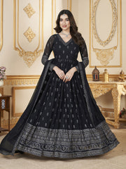 Navy Blue Metallic Foil Work Embellished Anarkali Gown And Dupatta