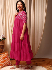 Pink Women Ethnic Motifs Embroidered Tiered Thread Work Kurta with Trousers