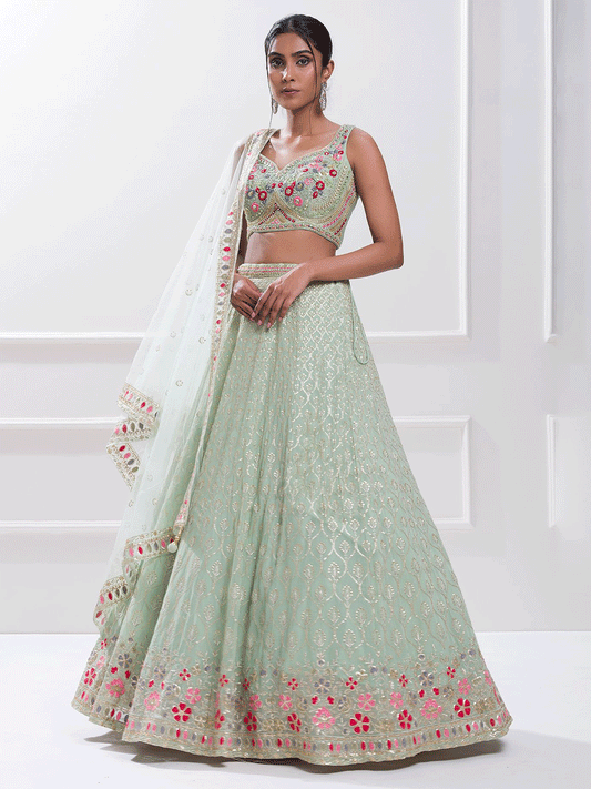 Sky Blue Festive Style Embroidered Lehenga Choli