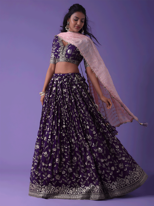 Dark Purple Festive Style Embroidered Lehenga Choli