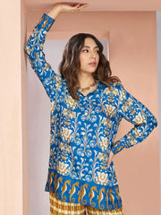 Blue And Yellow Digital Printed Silk Co-Ord Set